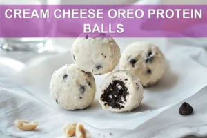 CREAM CHEESE OREO PROTEIN BALLS close up on white napkin warm natural light