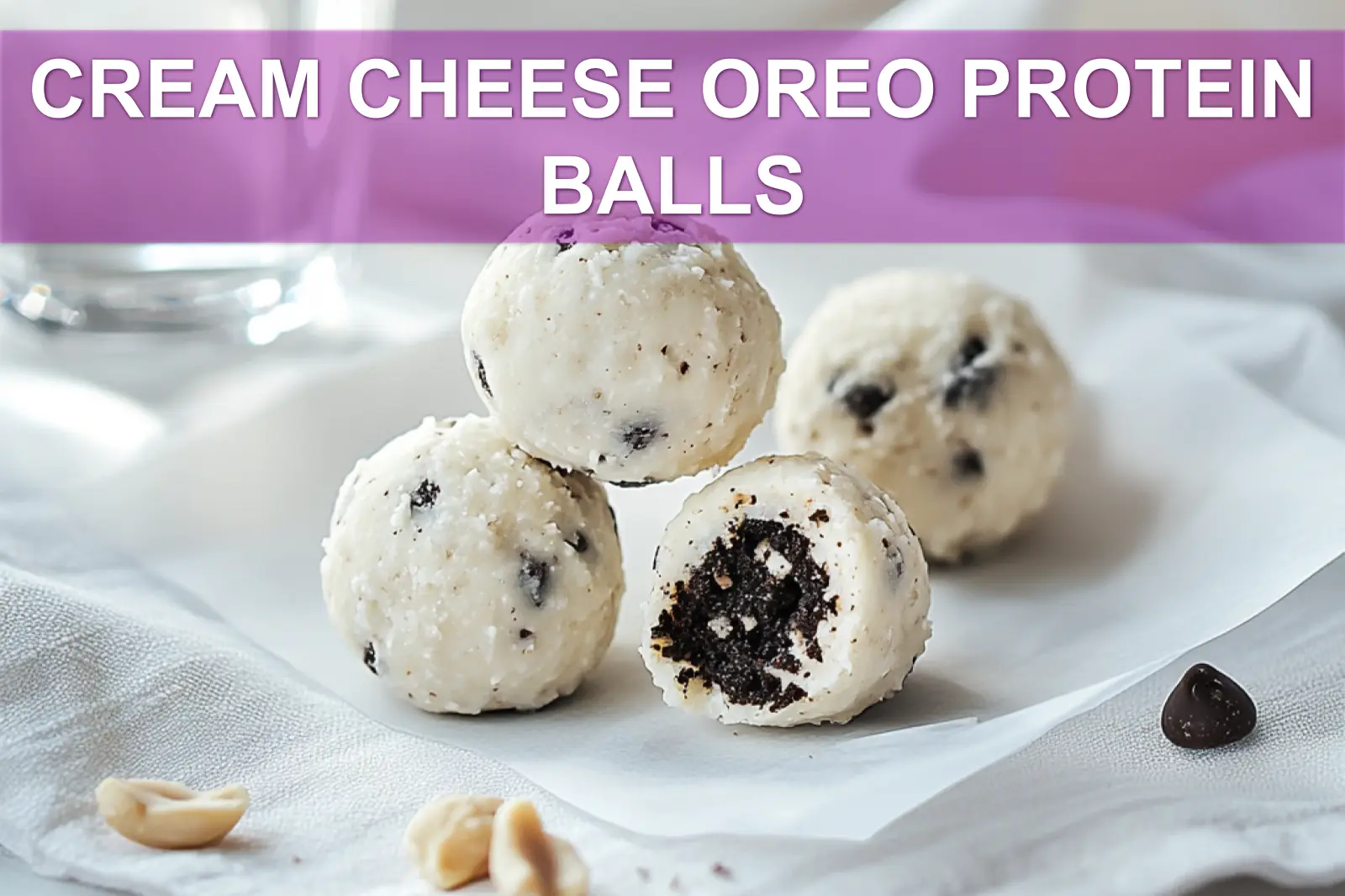 CREAM CHEESE OREO PROTEIN BALLS close up on white napkin warm natural light