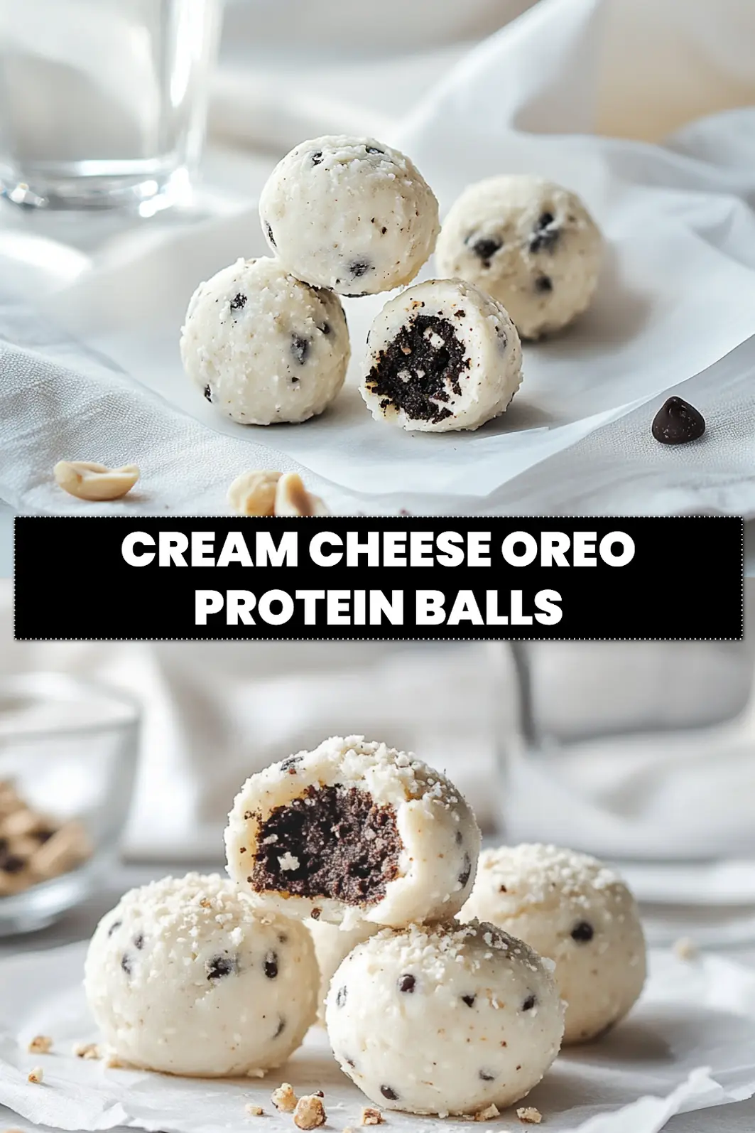 Cream Cheese Oreo Protein Balls: Delicious and Easy Snacks 6 CREAM CHEESE OREO PROTEIN BALLS close up on white napkin warm natural light_pin