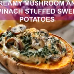 CREAMY MUSHROOM AND SPINACH STUFFED SWEET POTATOES plated with tahini drizzle lemon wedge warm rustic styling