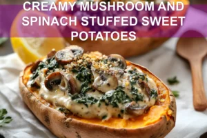 CREAMY MUSHROOM AND SPINACH STUFFED SWEET POTATOES plated with tahini drizzle lemon wedge warm rustic styling