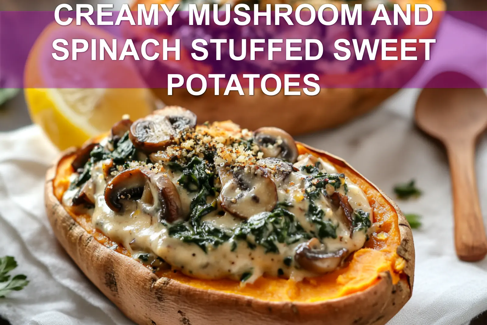 CREAMY MUSHROOM AND SPINACH STUFFED SWEET POTATOES plated with tahini drizzle lemon wedge warm rustic styling