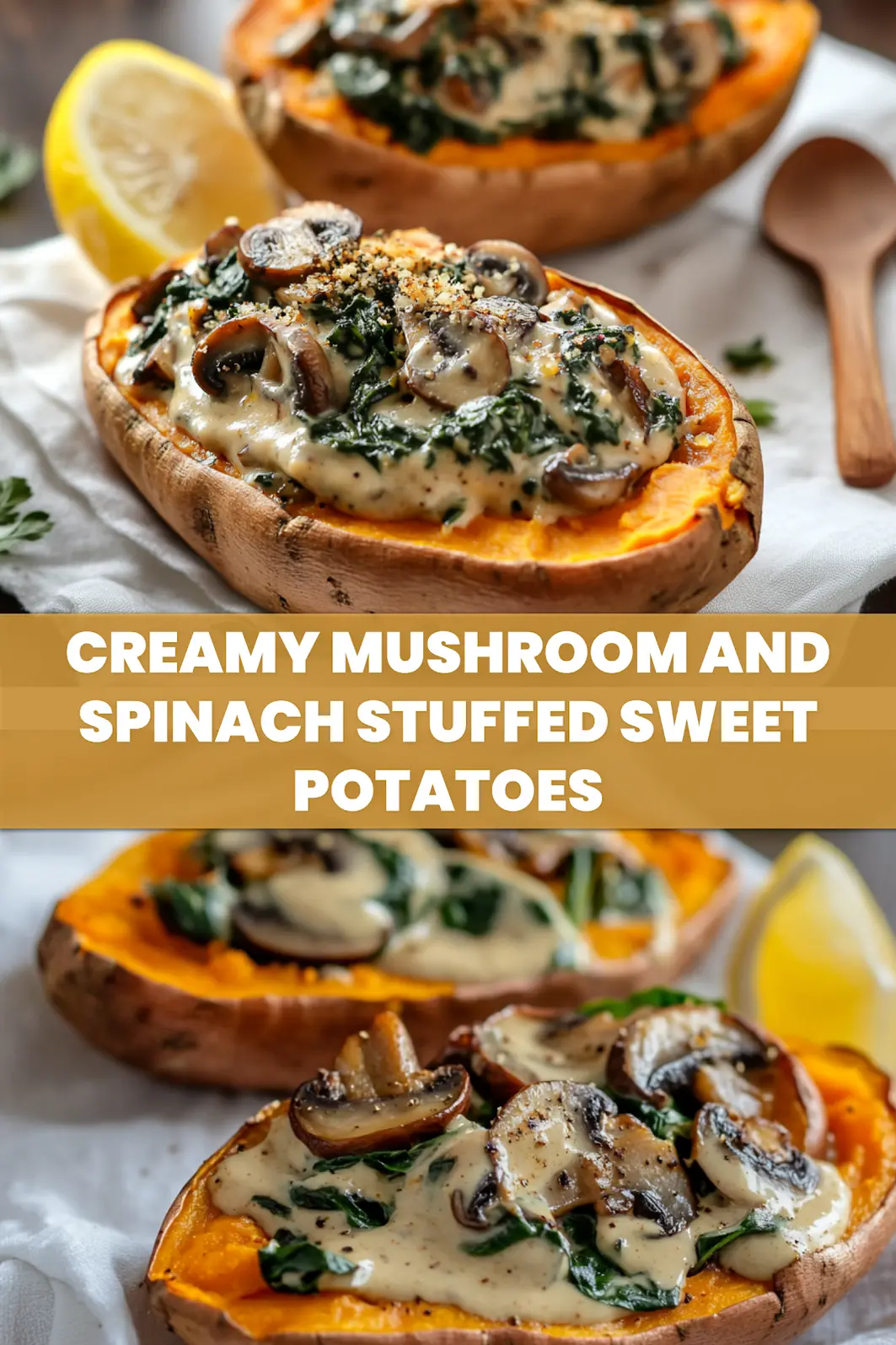 Creamy Mushroom and Spinach Stuffed Sweet Potatoes - Easy & Irresistible 6 CREAMY MUSHROOM AND SPINACH STUFFED SWEET POTATOES plated with tahini drizzle lemon wedge warm rustic styling_pin
