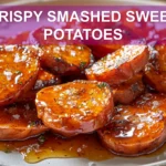CRISPY SMASHED SWEET POTATOES plated with honey drizzle and chili sauce warm golden crunch