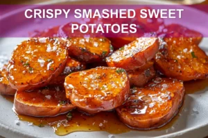 Crispy Smashed Sweet Potatoes: Irresistibly Easy Recipe CRISPY SMASHED SWEET POTATOES plated with honey drizzle and chili sauce warm golden crunch