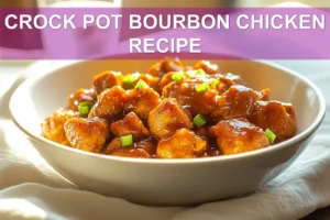 CROCK POT BOURBON CHICKEN RECIPE glazed chicken in bowl on white napkin with clear water