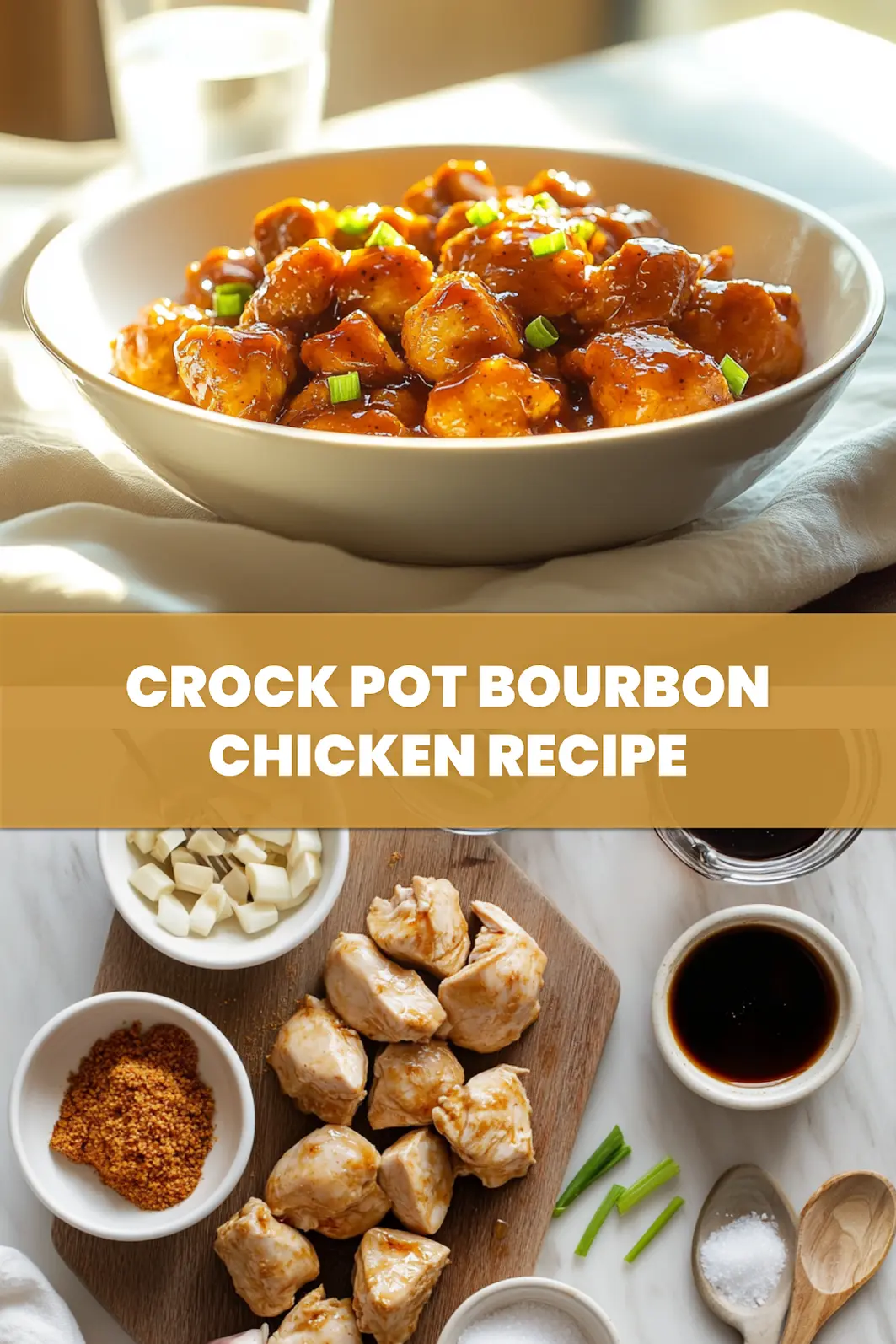 Crock Pot Bourbon Chicken Recipe: Simple Delicious Dish 6 CROCK POT BOURBON CHICKEN RECIPE glazed chicken in bowl on white napkin with clear water_pin