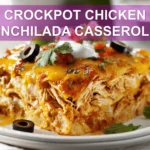 CROCKPOT CHICKEN ENCHILADA CASSEROLE cheesy golden baked casserole in white dish with glass of water