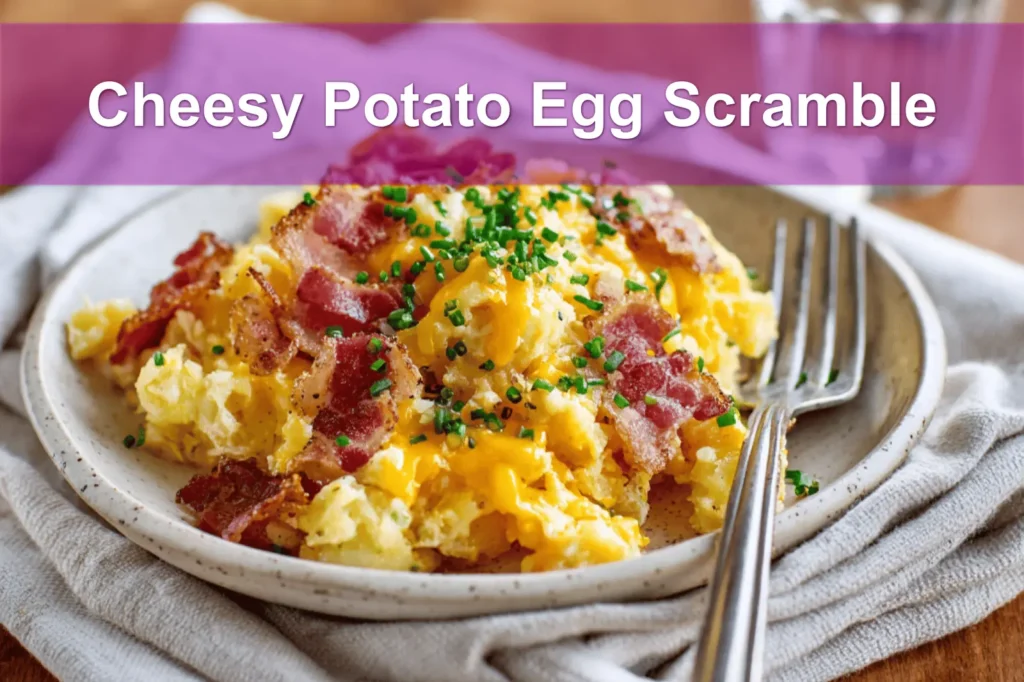 Cheesy Potato Egg Scramble plated with crispy potatoes scrambled eggs cheddar bacon and chives