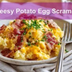 Cheesy Potato Egg Scramble plated with crispy potatoes scrambled eggs cheddar bacon and chives