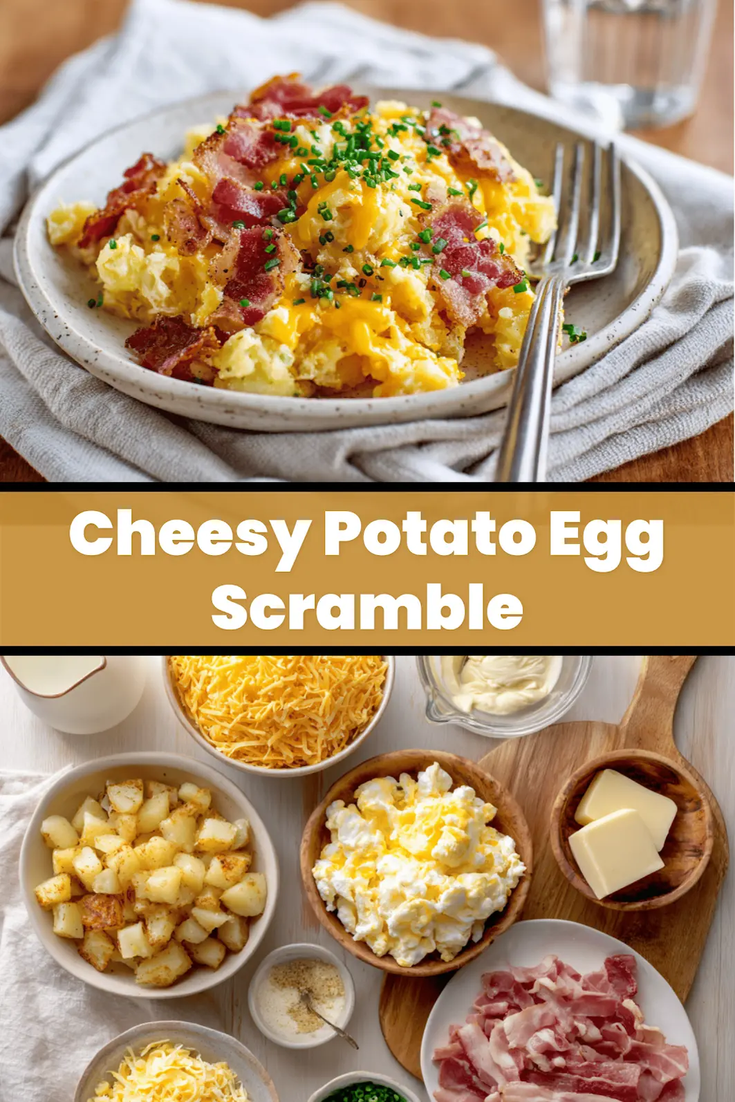 Cheesy Potato Egg Scramble plated with crispy potatoes scrambled eggs cheddar bacon and chives_pin