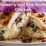 Cranberry and Brie Stuffed Chicken warm plated close up with thyme and spinach for blog header