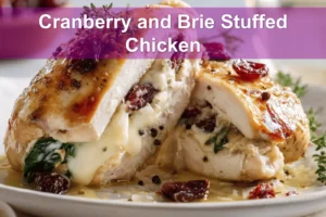 Cranberry and Brie Stuffed Chicken warm plated close up with thyme and spinach for blog header