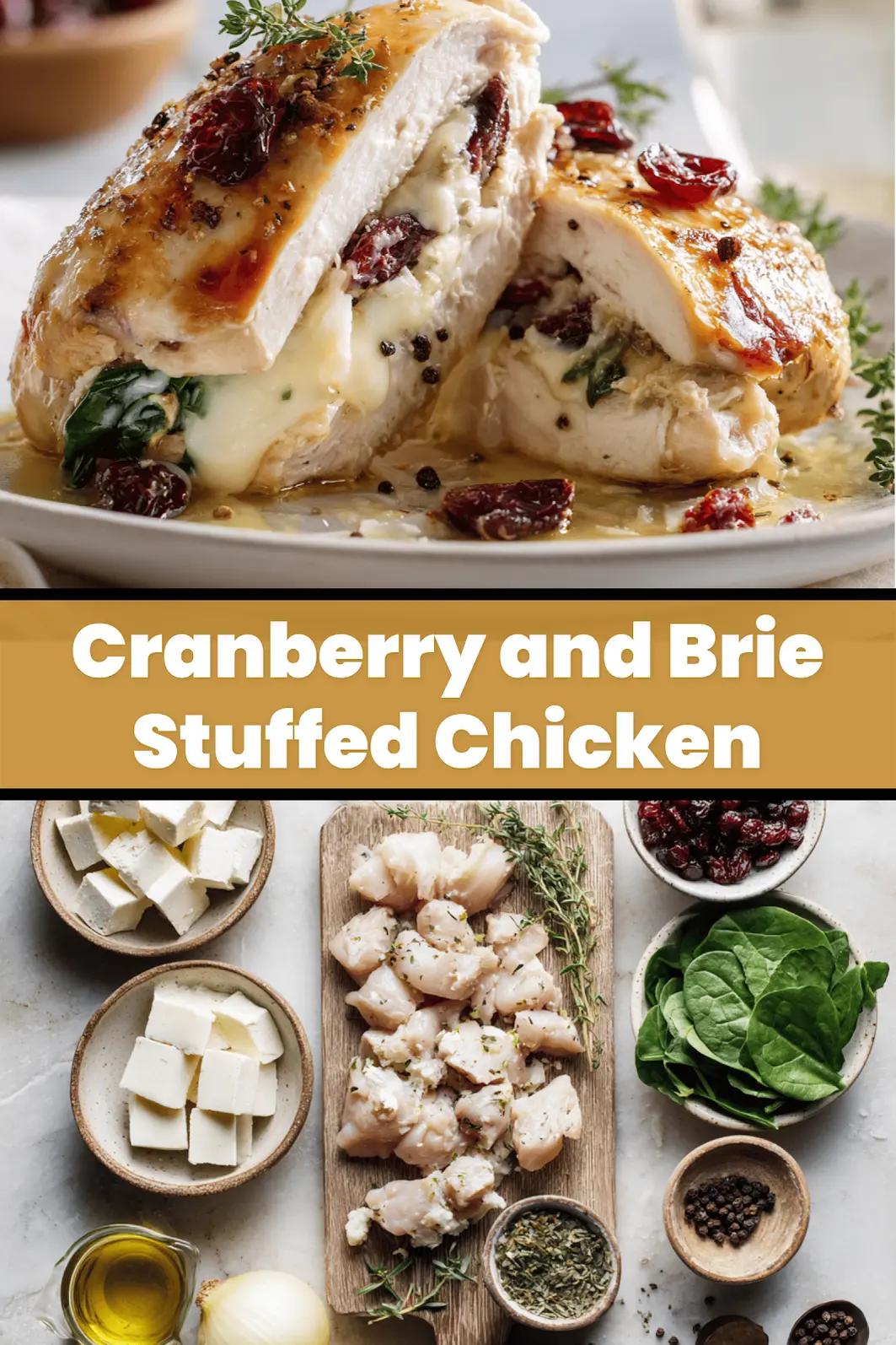Cranberry and Brie Stuffed Chicken warm plated close up with thyme and spinach for blog header_pin