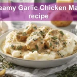 Creamy Garlic Chicken Mash recipe plated with mashed potatoes rosemary garnish warm inviting blog photo
