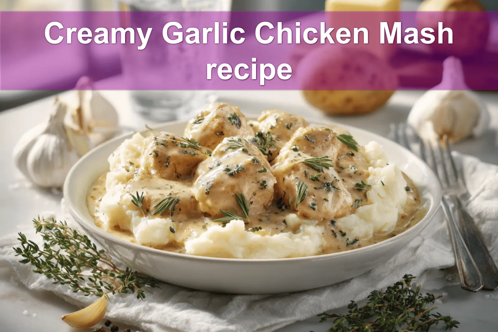 Creamy Garlic Chicken Mash recipe plated with mashed potatoes rosemary garnish warm inviting blog photo