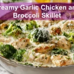 Creamy Garlic Chicken and Broccoli Skillet close up with creamy sauce broccoli and rice warm tones