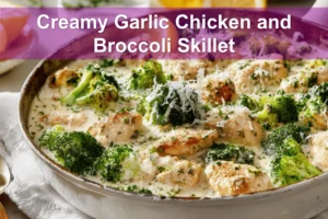 Creamy Garlic Chicken and Broccoli Skillet close up with creamy sauce broccoli and rice warm tones