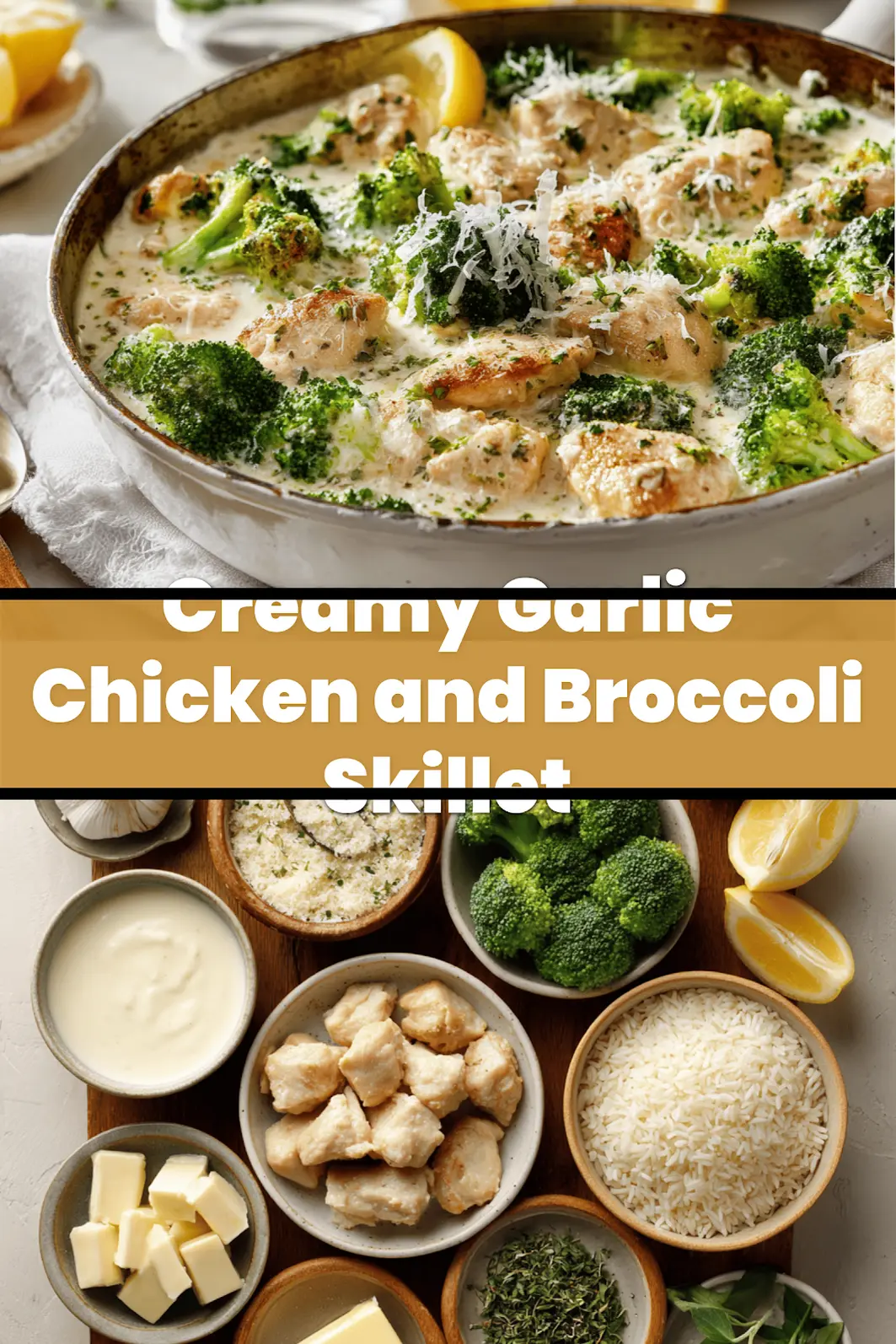 Creamy Garlic Chicken and Broccoli Skillet close up with creamy sauce broccoli and rice warm tones_pin