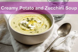 Creamy Potato and Zucchini Soup in white bowl on linen garnished with thyme and melted cheddar