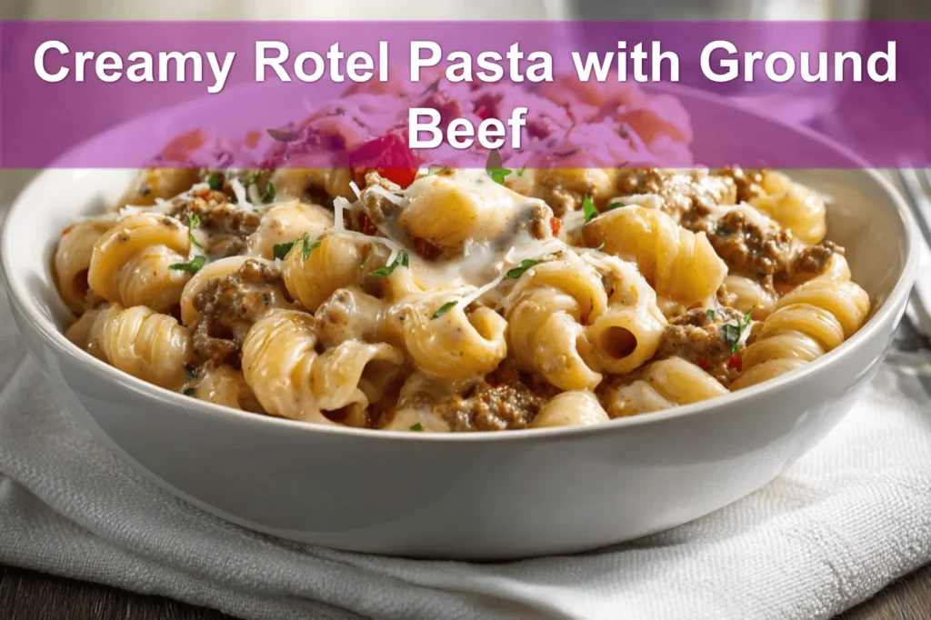 Creamy Rotel Pasta with Ground Beef plated with melted cheese and fresh herbs