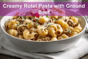 Creamy Rotel Pasta with Ground Beef plated with melted cheese and fresh herbs