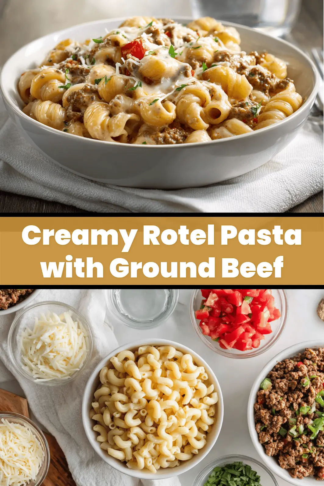 Creamy Rotel Pasta with Ground Beef plated with melted cheese and fresh herbs_pin