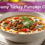 Creamy Turkey Pumpkin Chili in bowl on white napkin with glass of water