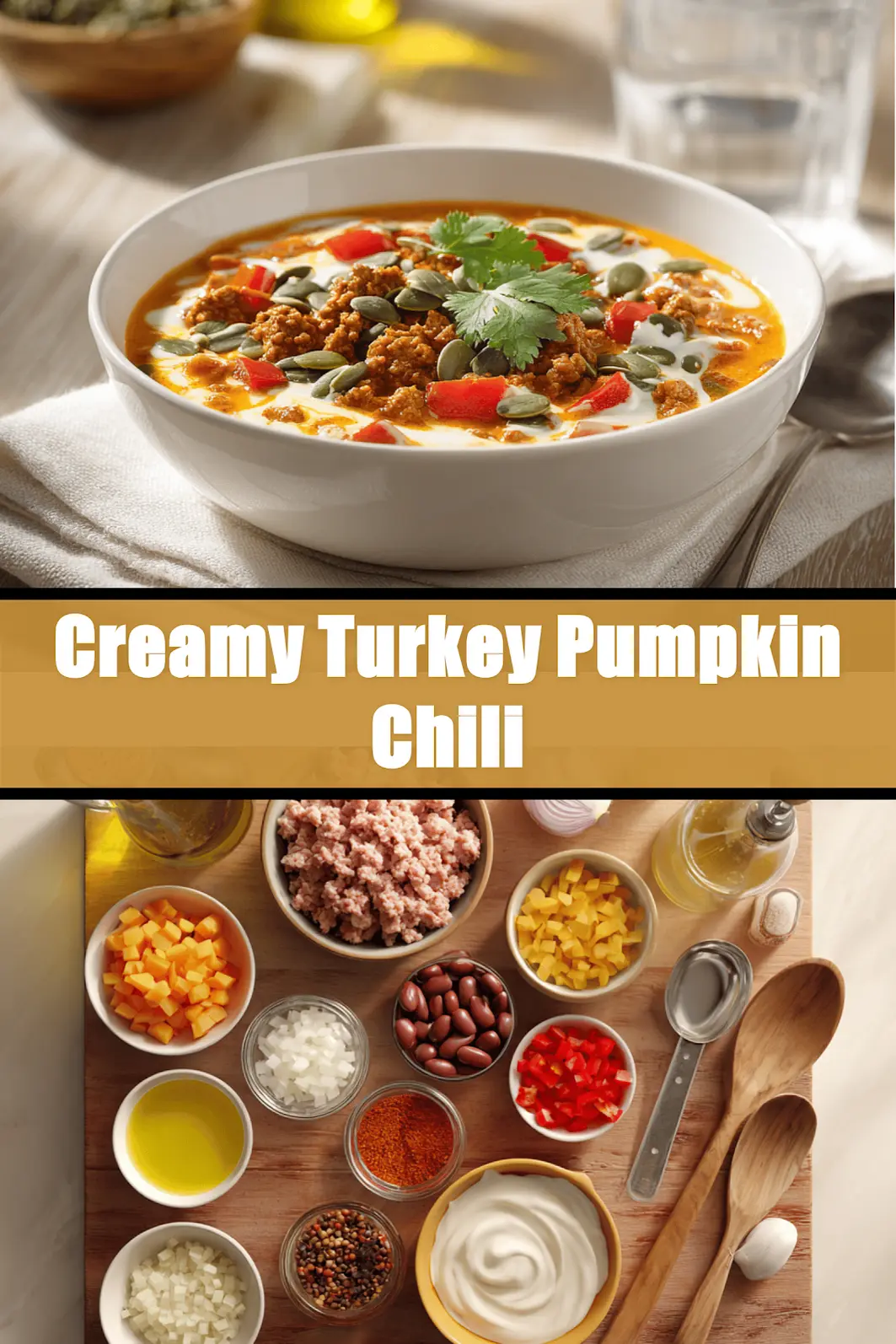 Creamy Turkey Pumpkin Chili in bowl on white napkin with glass of water_pin