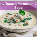Creamy Tuscan Parmesan Cream Soup in ceramic bowl garnished with basil and grated Parmesan