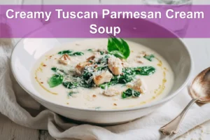 Creamy Tuscan Parmesan Cream Soup in ceramic bowl garnished with basil and grated Parmesan