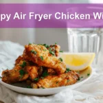 Crispy Air Fryer Chicken Wings served on white napkin with clear glass of water warm lighting
