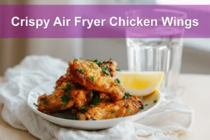 Crispy Air Fryer Chicken Wings served on white napkin with clear glass of water warm lighting