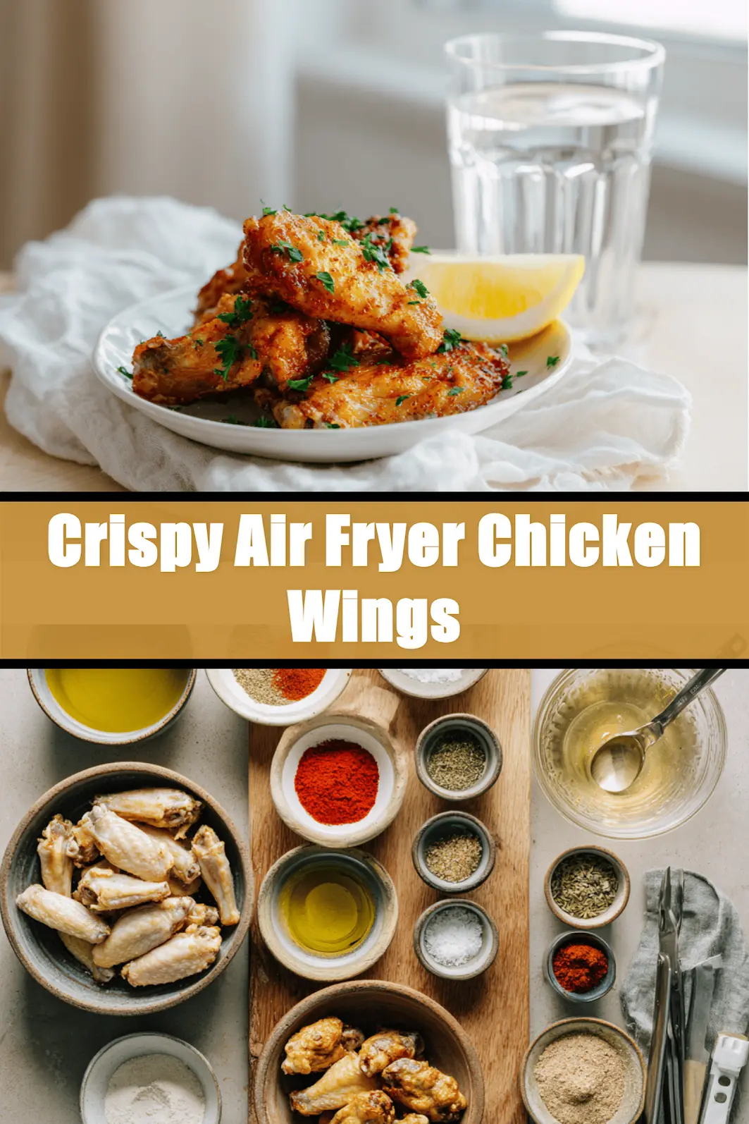 Crispy Air Fryer Chicken Wings served on white napkin with clear glass of water warm lighting_pin
