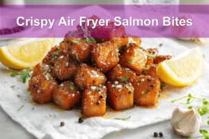 Crispy Air Fryer Salmon Bites golden cubes with lemon and herbs on white napkin