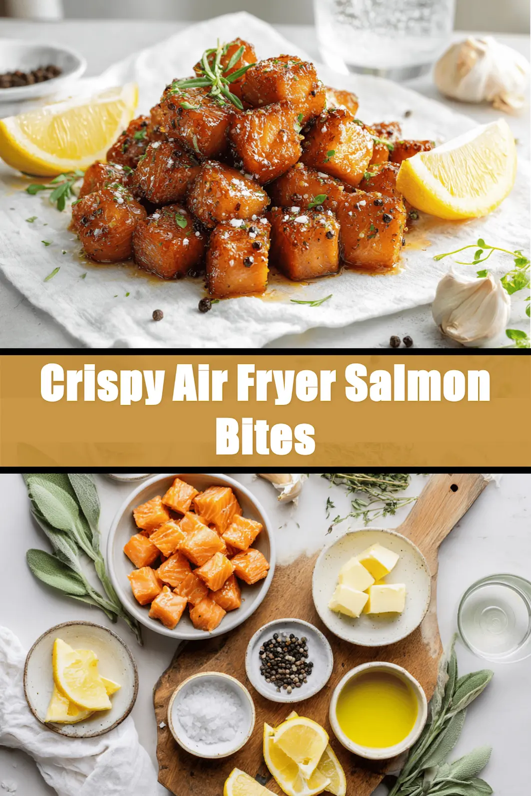Crispy Air Fryer Salmon Bites golden cubes with lemon and herbs on white napkin_pin