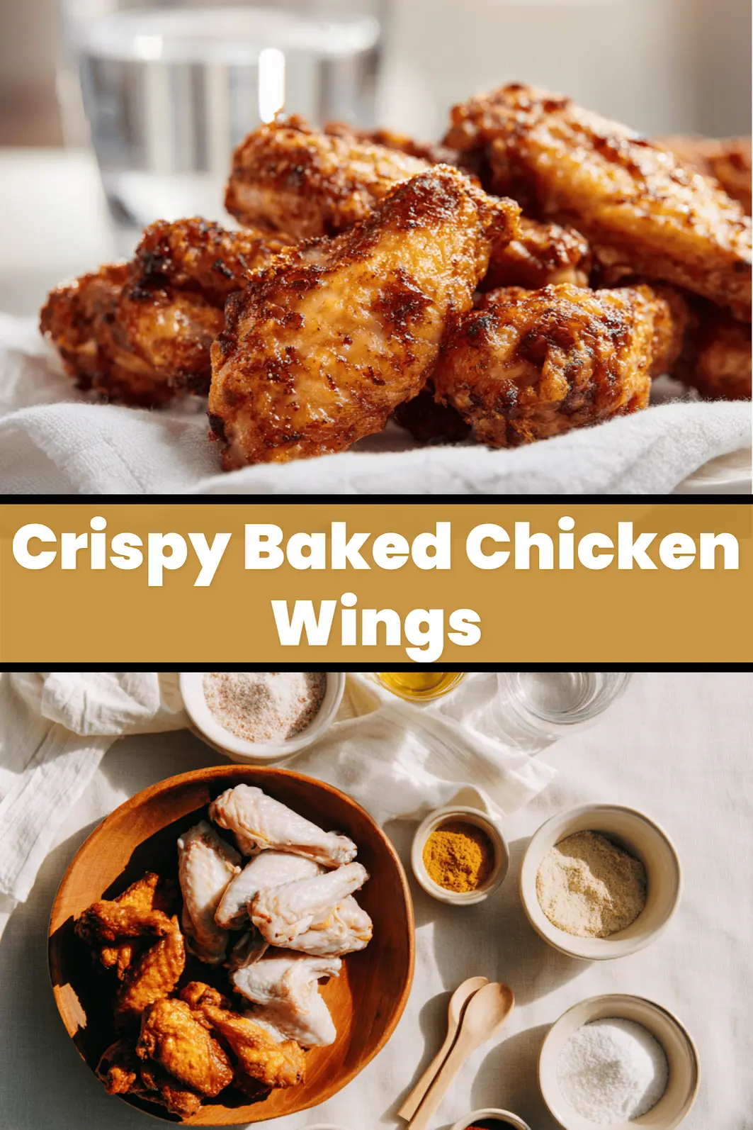 Crispy Baked Chicken Wings on white napkin with clear water glass warm natural light_pin