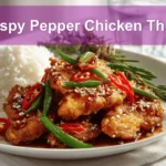 Crispy Pepper Chicken Thigh plated with white rice green beans chili and toasted sesame seeds