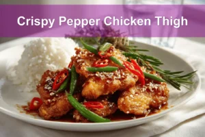 Crispy Pepper Chicken Thigh plated with white rice green beans chili and toasted sesame seeds