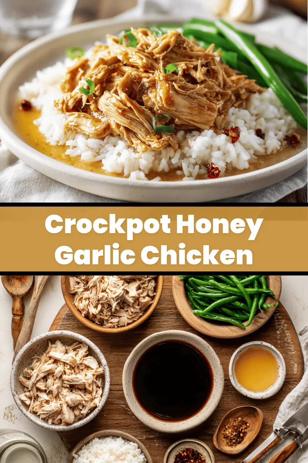 Crockpot Honey Garlic Chicken plated with rice green beans and sticky honey garlic glaze_pin