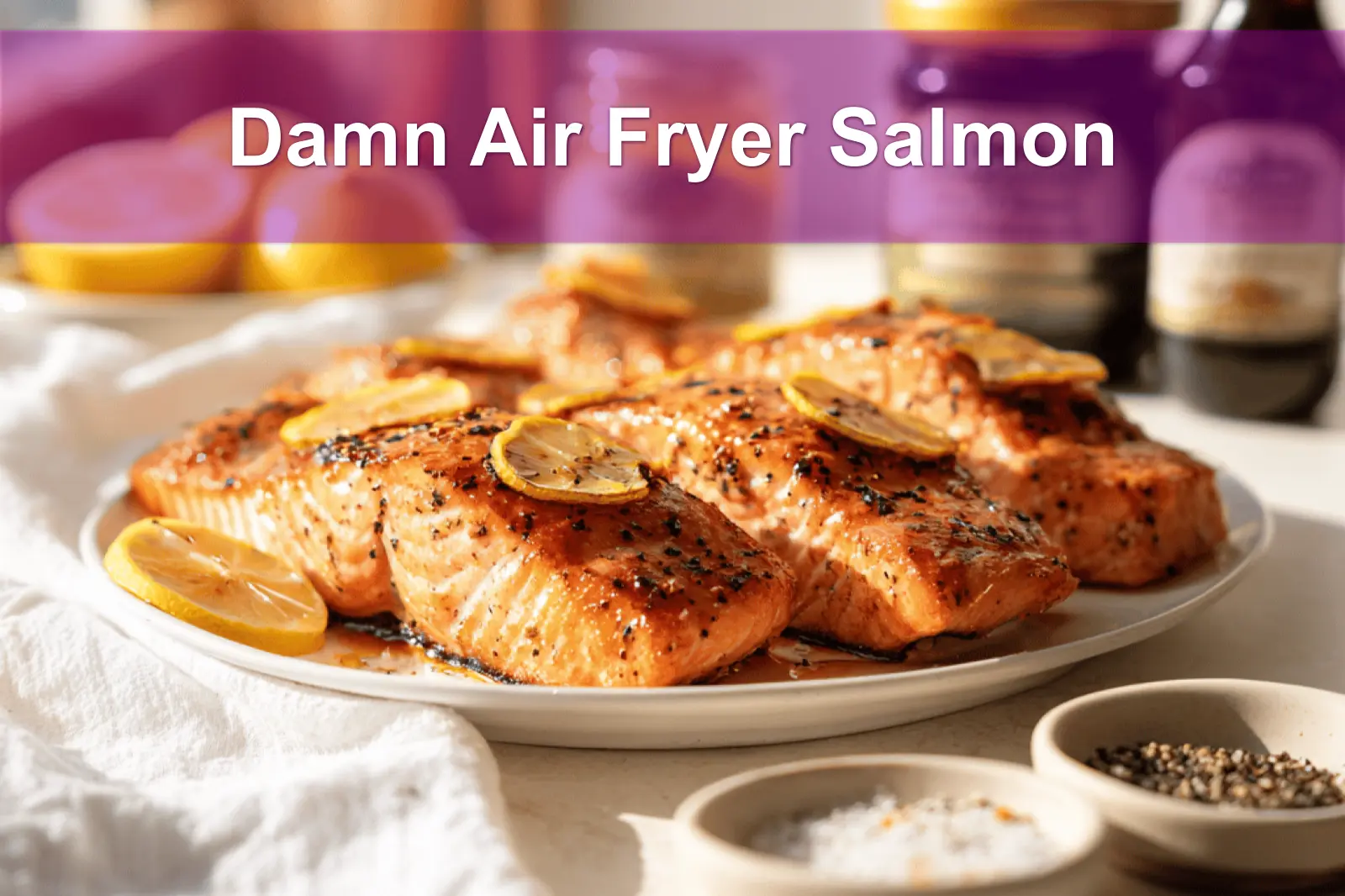 Damn Air Fryer Salmon plated with lemon slices honey soy glaze olive oil bottle beside glass