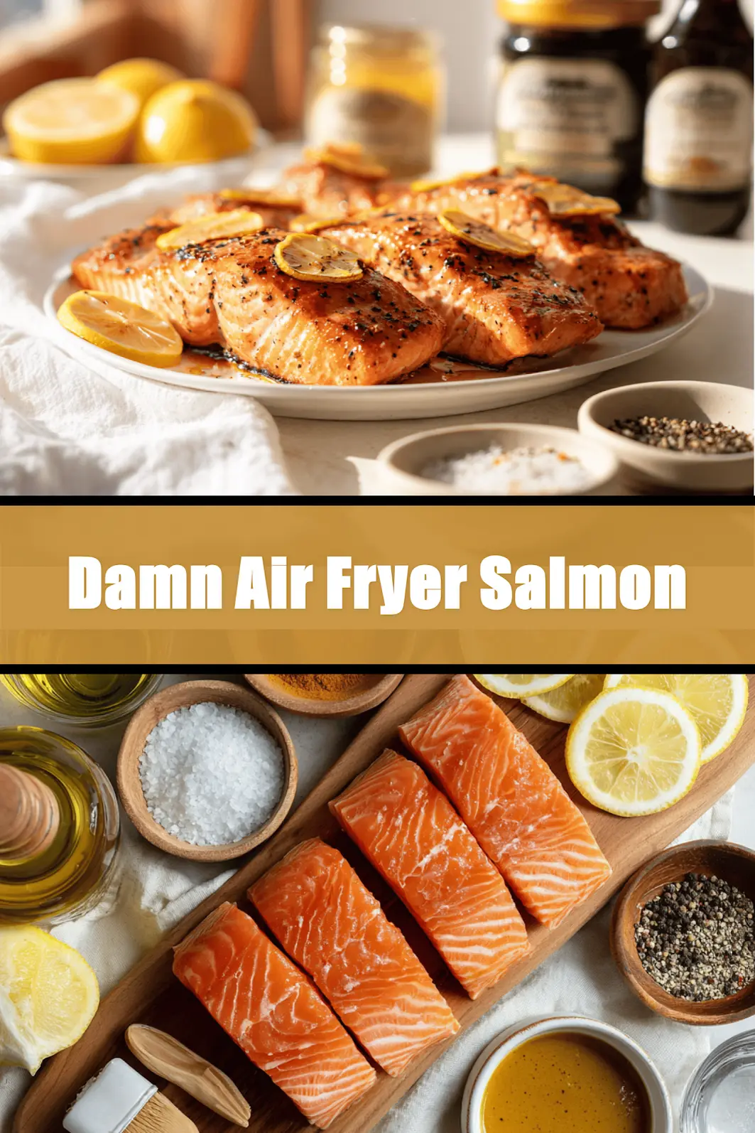 Damn Air Fryer Salmon Easy Recipe Unbelievably Delicious 6 Damn Air Fryer Salmon plated with lemon slices honey soy glaze olive oil bottle beside glass_pin