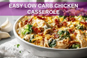 EASY LOW CARB CHICKEN CASSEROLE golden baked casserole with bacon broccoli and melted cheese hero image