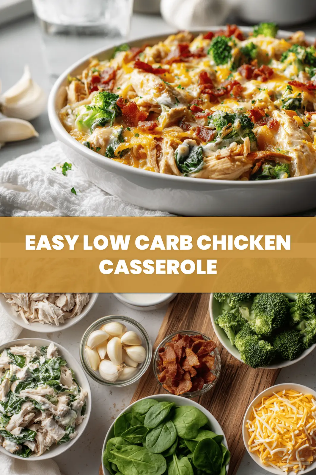 Easy Low Carb Chicken Casserole: Delicious Dinner Win 6 EASY LOW CARB CHICKEN CASSEROLE golden baked casserole with bacon broccoli and melted cheese hero image_pin