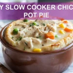 EASY SLOW COOKER CHICKEN POT PIE hero with golden biscuits creamy filling and shredded chicken