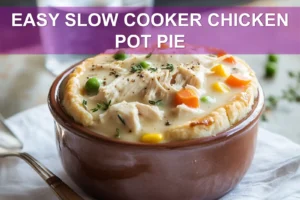 Easy Slow Cooker Chicken Pot Pie: Irresistibly Delicious Recipe EASY SLOW COOKER CHICKEN POT PIE hero with golden biscuits creamy filling and shredded chicken