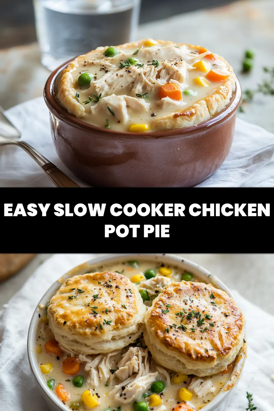 EASY SLOW COOKER CHICKEN POT PIE hero with golden biscuits creamy filling and shredded chicken_pin