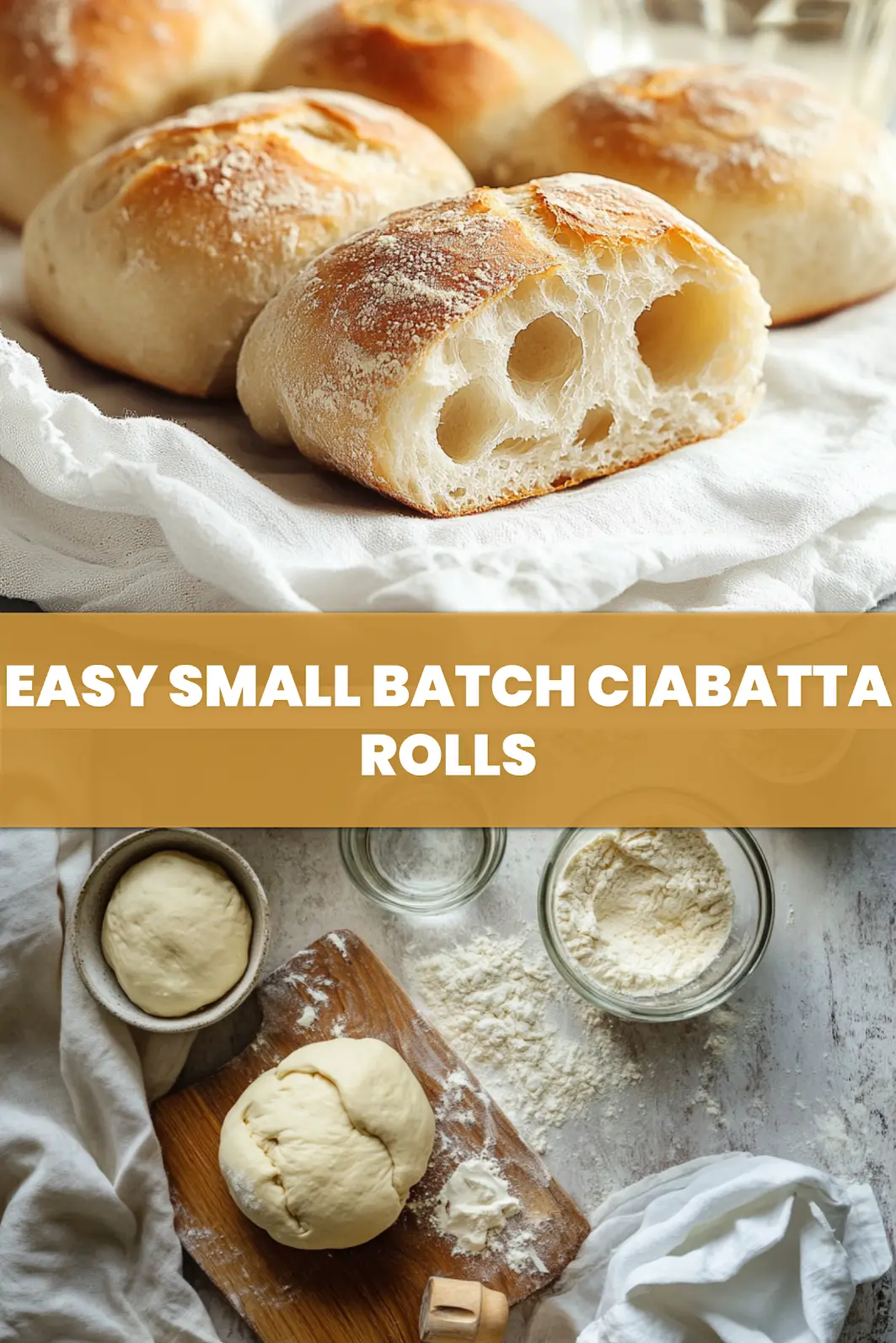 Easy Small Batch Ciabatta Rolls: Perfect Delicious Bread 6 EASY SMALL BATCH CIABATTA ROLLS golden crust airy crumb on white napkin_pin