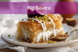 Fig Soufra plated with fresh figs, pistachios, honey glaze, creamy white sauce, warm tones