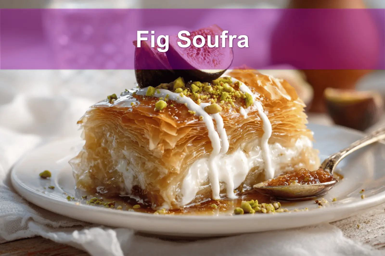 Fig Soufra plated with fresh figs, pistachios, honey glaze, creamy white sauce, warm tones